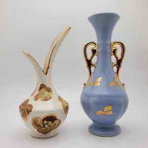 Studio Pottery Bud Vase set Periwinkle w/ Gold Accents and floral pattern